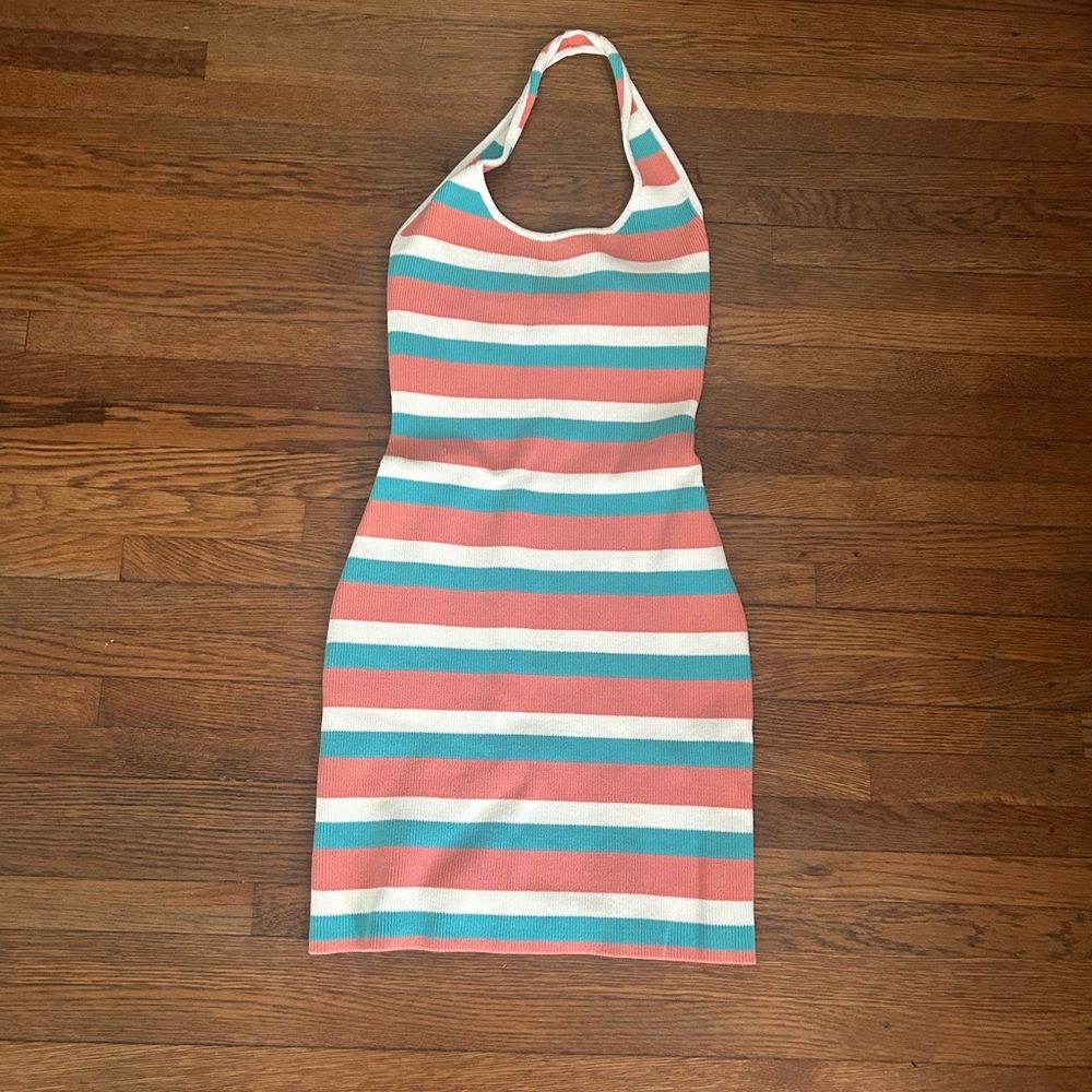 Aritizia Babaton Coral and Teal Striped Halter Dress